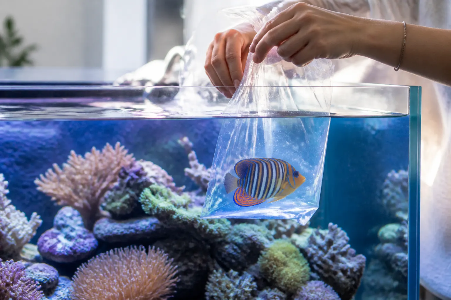 Saco com peixe marinho flutuando no aquário durante o processo de aclimatação por temperatura antes do gotejamento com apoio do ReefFlow