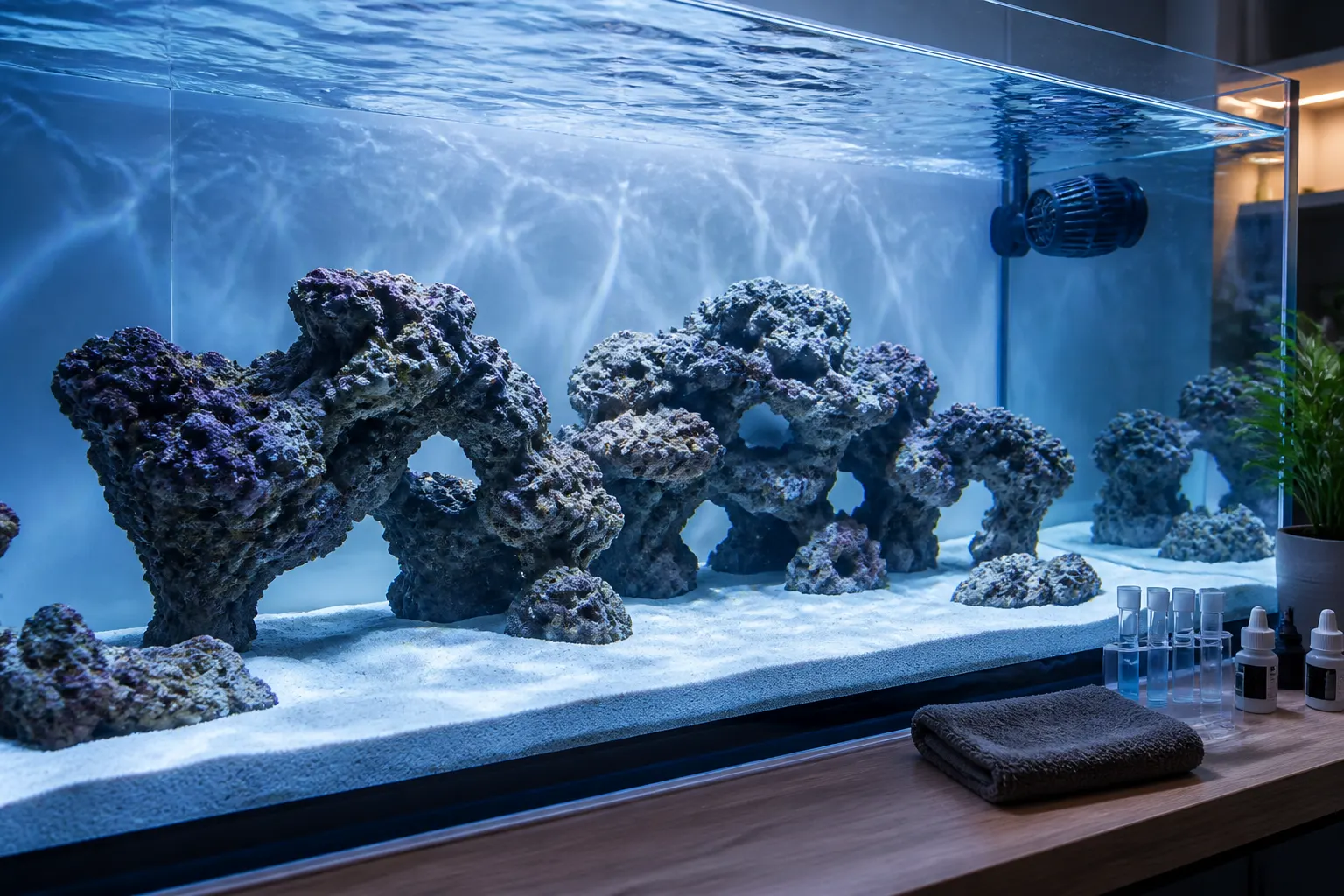Aquascaping reef com estrutura de rocha viva posicionada antes do povoamento do aquário marinho com apoio do ReefFlow