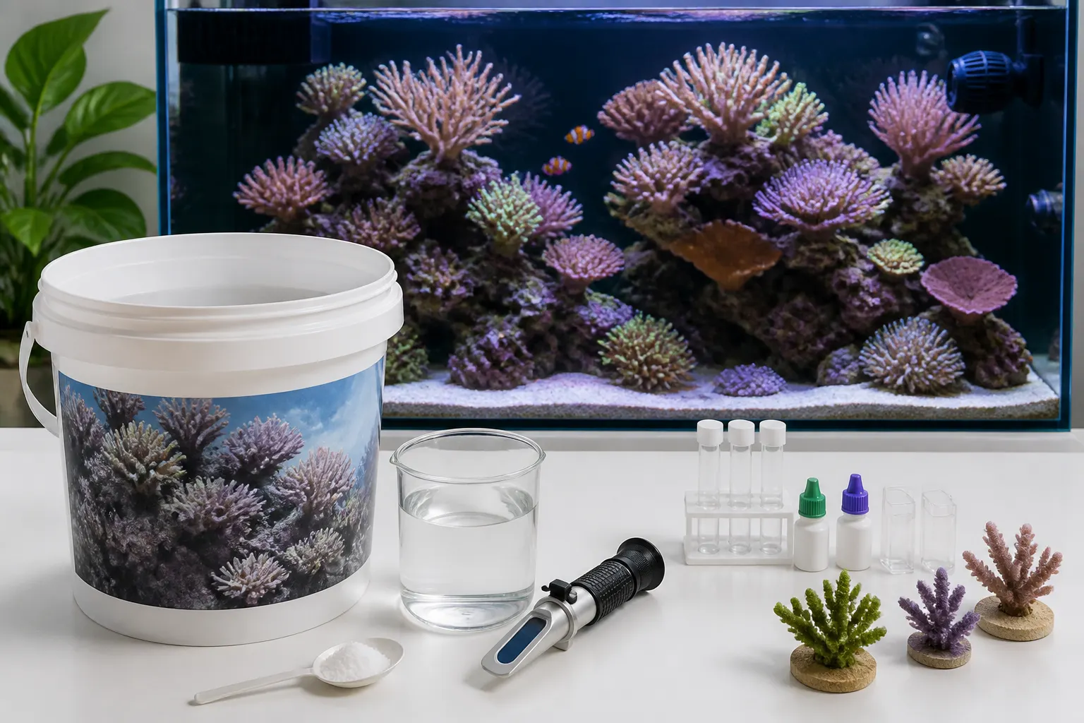 Sal marinho para aquário reef ao lado de refratômetro e kits de teste de cálcio e KH com apoio do ReefFlow