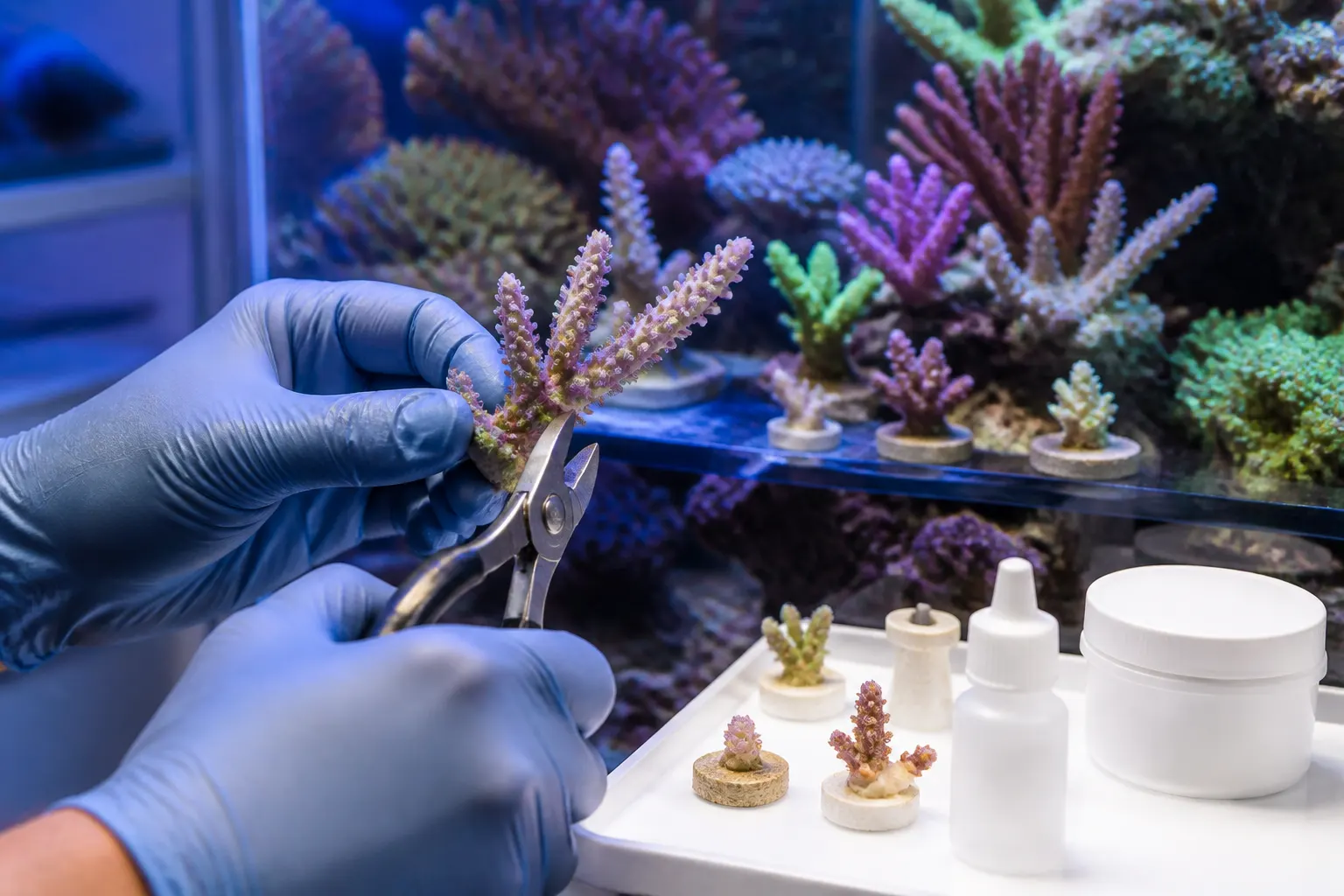 Aquarista fragmentando um coral Acropora com alicate de corte, com plugs de frag e cola de coral ao lado do aquário marinho com apoio do ReefFlow
