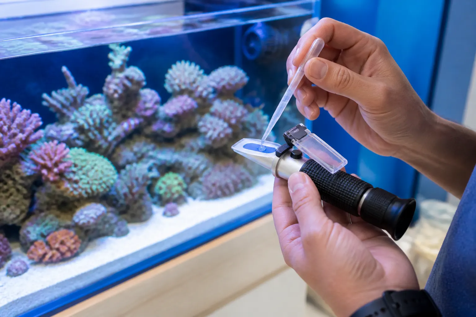 Aquarista usando refratômetro ATC para medir salinidade de aquário marinho com corais ao fundo com apoio do ReefFlow