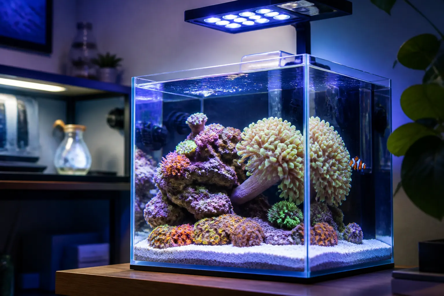 Nano reef aquário marinho de 60 litros com corais coloridos, rocha viva e água cristalina iluminada por LED com apoio do ReefFlow