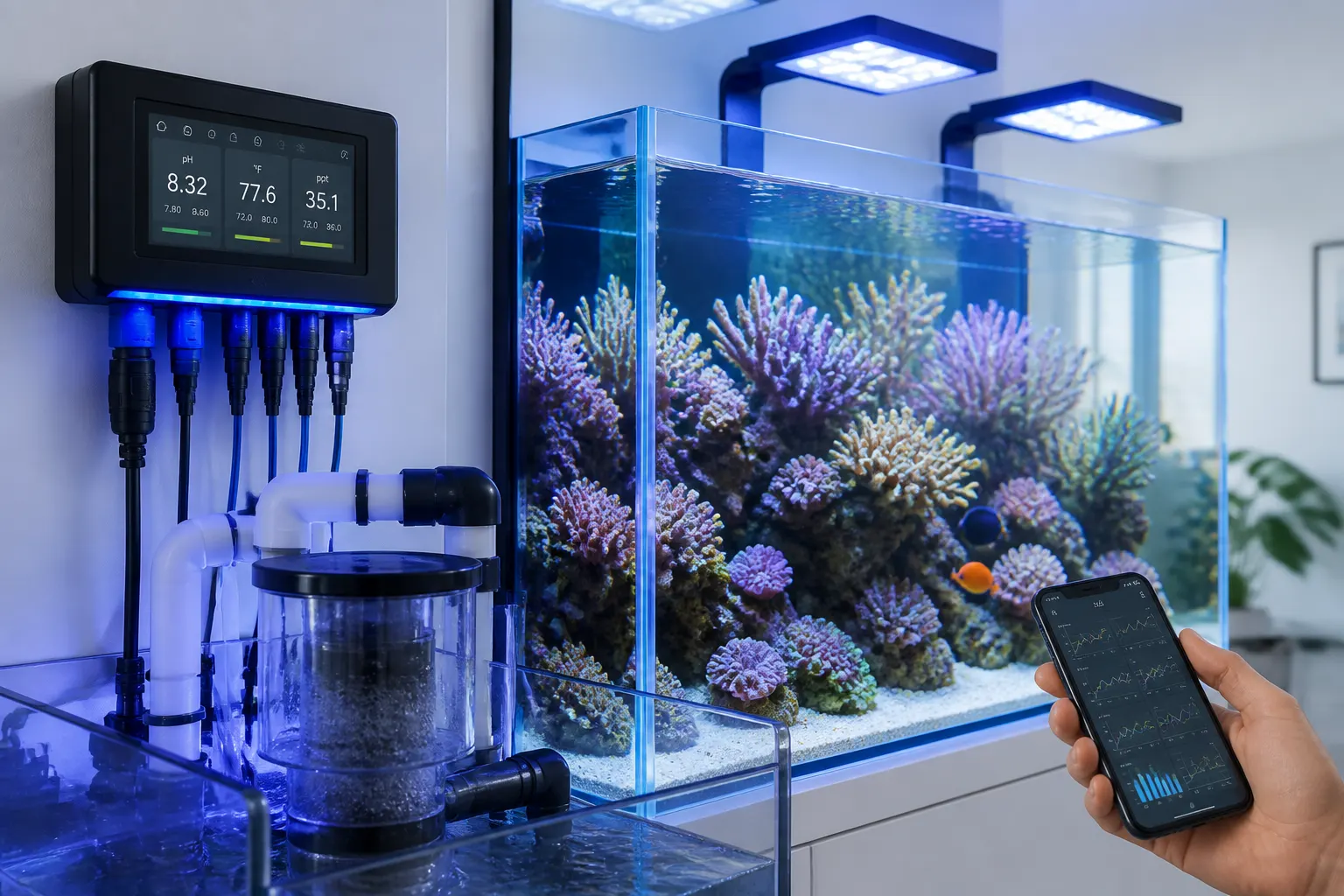 Controladora de aquário reef instalada próxima ao sump com display digital exibindo parâmetros de pH, temperatura e salinidade com apoio do ReefFlow