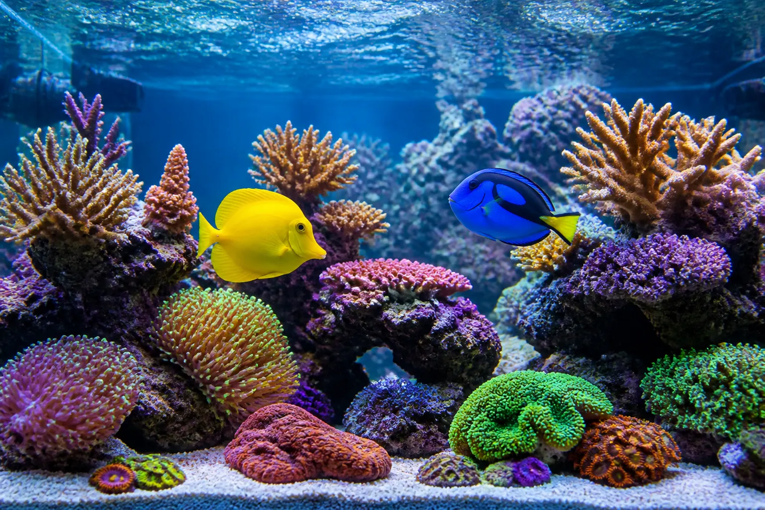 Peixe-cirurgião tang amarelo Zebrasoma flavescens e tang-azul Paracanthurus hepatus nadando em reef tank com corais coloridos com apoio do ReefFlow