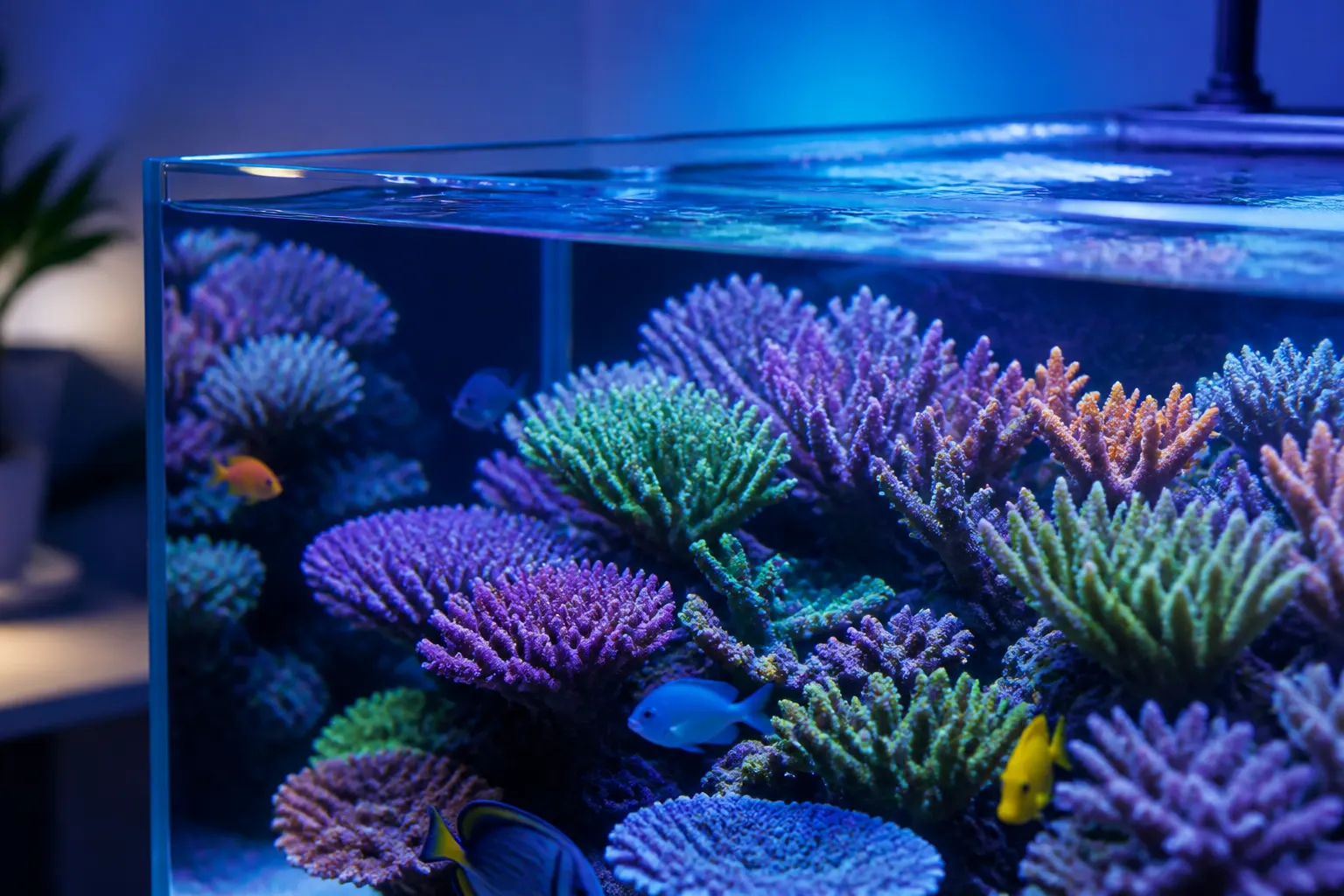 Reef tank com corais Acropora coloridos sob iluminação LED azul representando dosagem precisa de elementos traço com apoio do ReefFlow