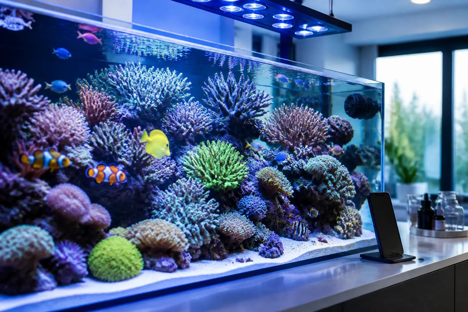Aquário marinho reef saudável com corais coloridos, peixes tropicais e água cristalina com apoio do ReefFlow
