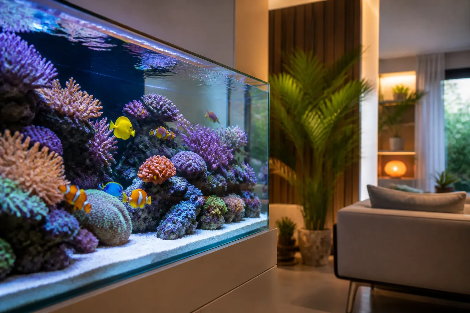 Aquário marinho com corais coloridos e peixes tropicais em ambiente doméstico, representando cuidado e estabilidade do reef durante viagem com apoio do ReefFlow