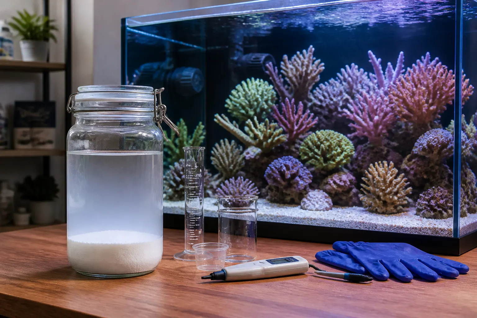 Solução de kalkwasser em recipiente de vidro fechado ao lado de um reef tank com corais SPS coloridos e medidor de pH digital com apoio do ReefFlow