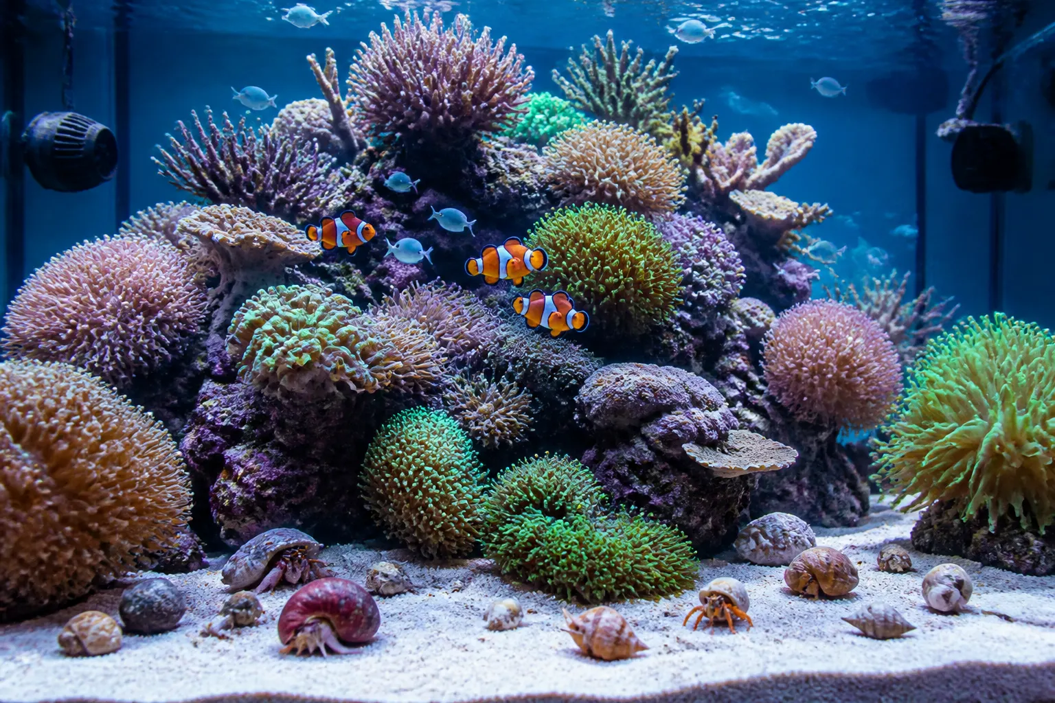 Aquário marinho reef tank com corais moles, LPS e peixes pequenos povoados na ordem correta, com equipe de limpeza no substrato com apoio do ReefFlow