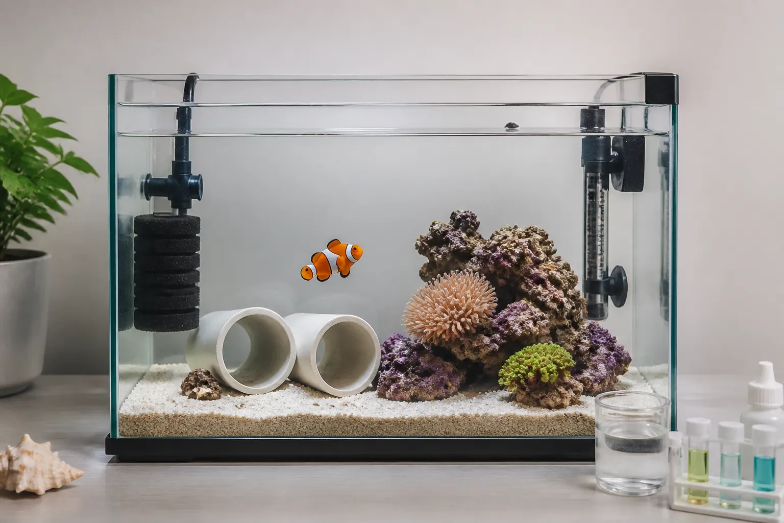 Tanque de quarentena simples para peixes marinhos com filtro de esponja, aquecedor e peixe-palhaço em observação com apoio do ReefFlow