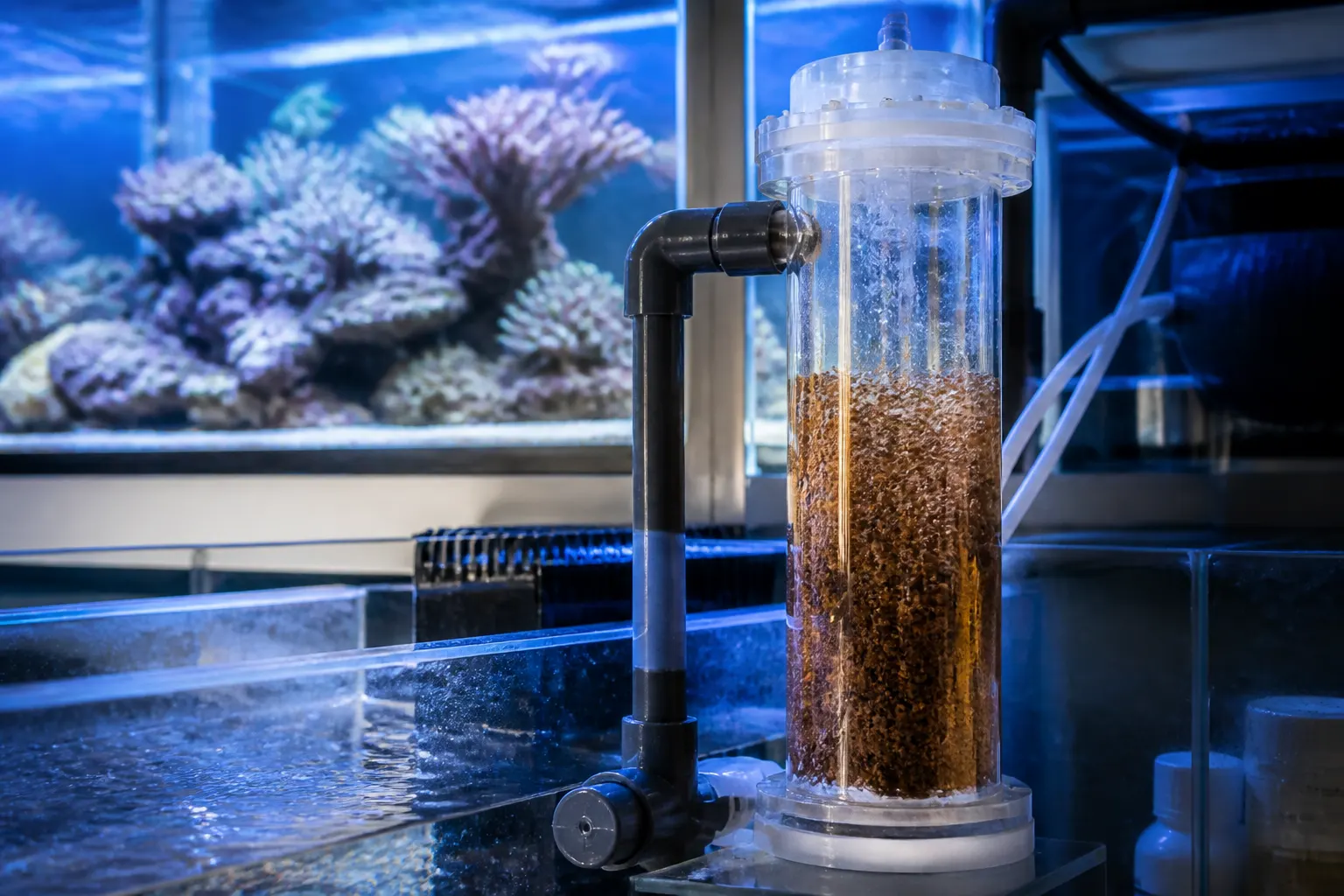 Reator de GFO em funcionamento dentro do sump de um reef tank, com mídia granular em leve agitação para controle de fosfato com apoio do ReefFlow