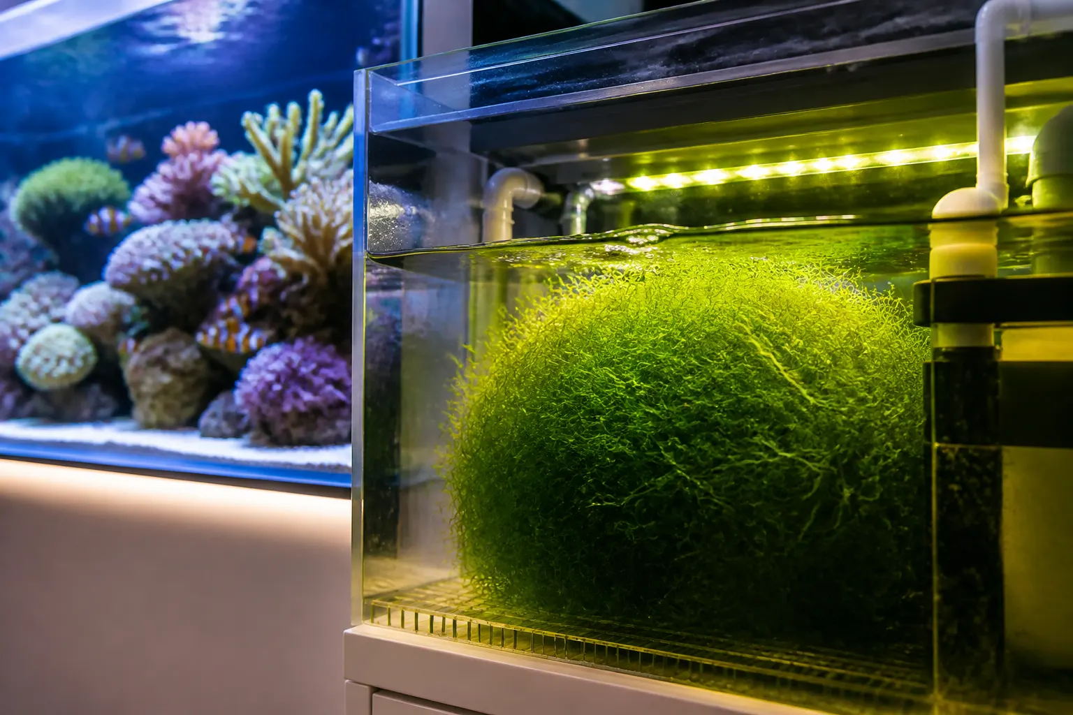 Chaeto (Chaetomorpha) crescendo em refúgio iluminado dentro de sump de aquário marinho reef com apoio do ReefFlow