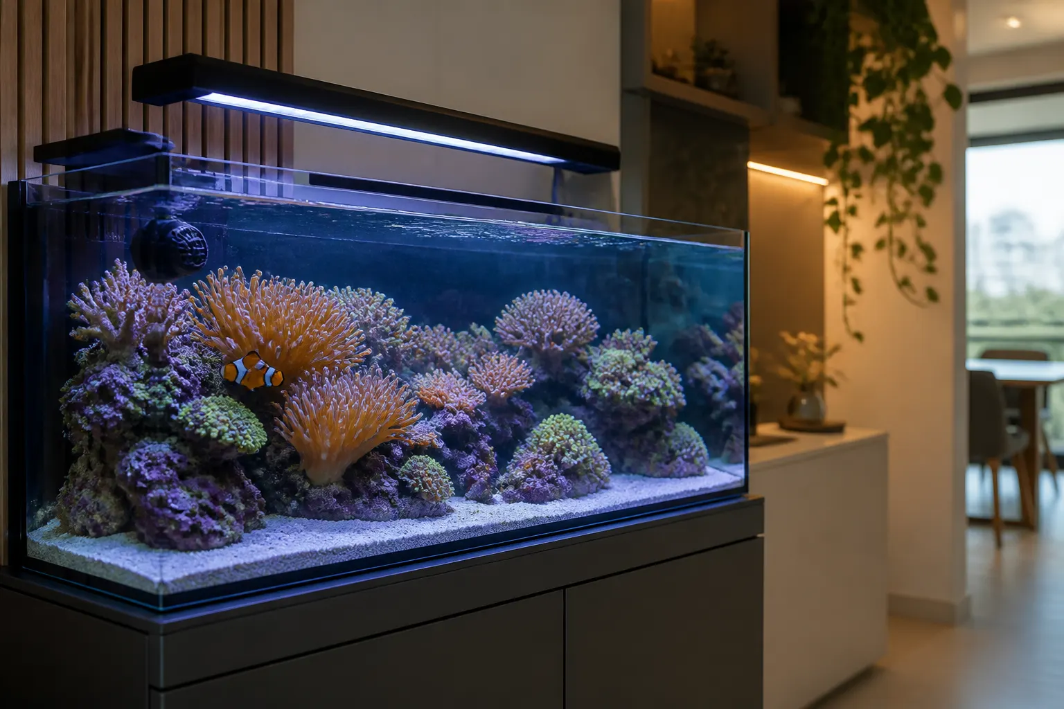 Aquário marinho reef tank de 200 litros ideal para iniciantes com corais coloridos e clownfish com apoio do ReefFlow