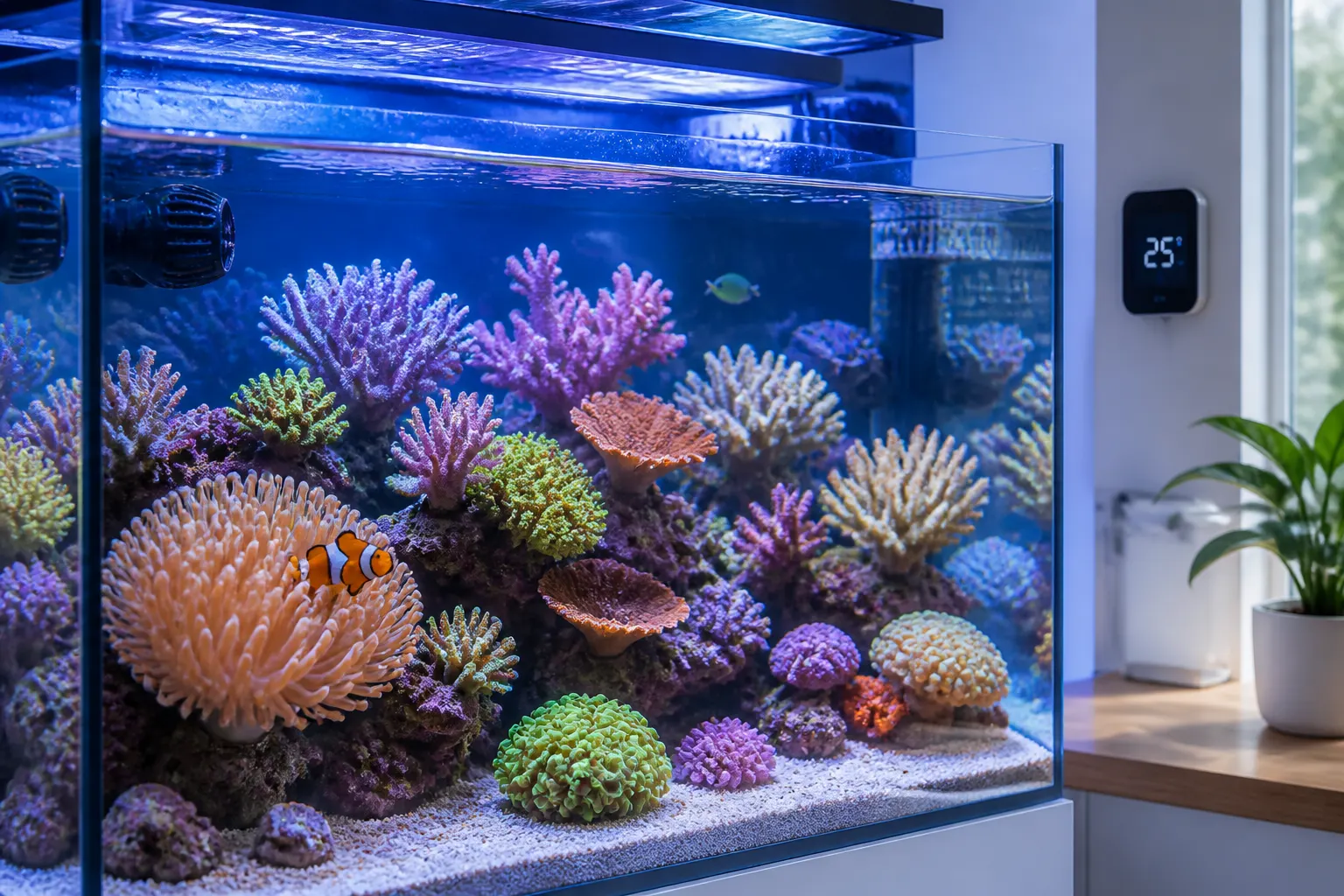 Aquário marinho reef com corais SPS e LPS coloridos e termômetro digital marcando 25°C, temperatura ideal para reef tanks com apoio do ReefFlow
