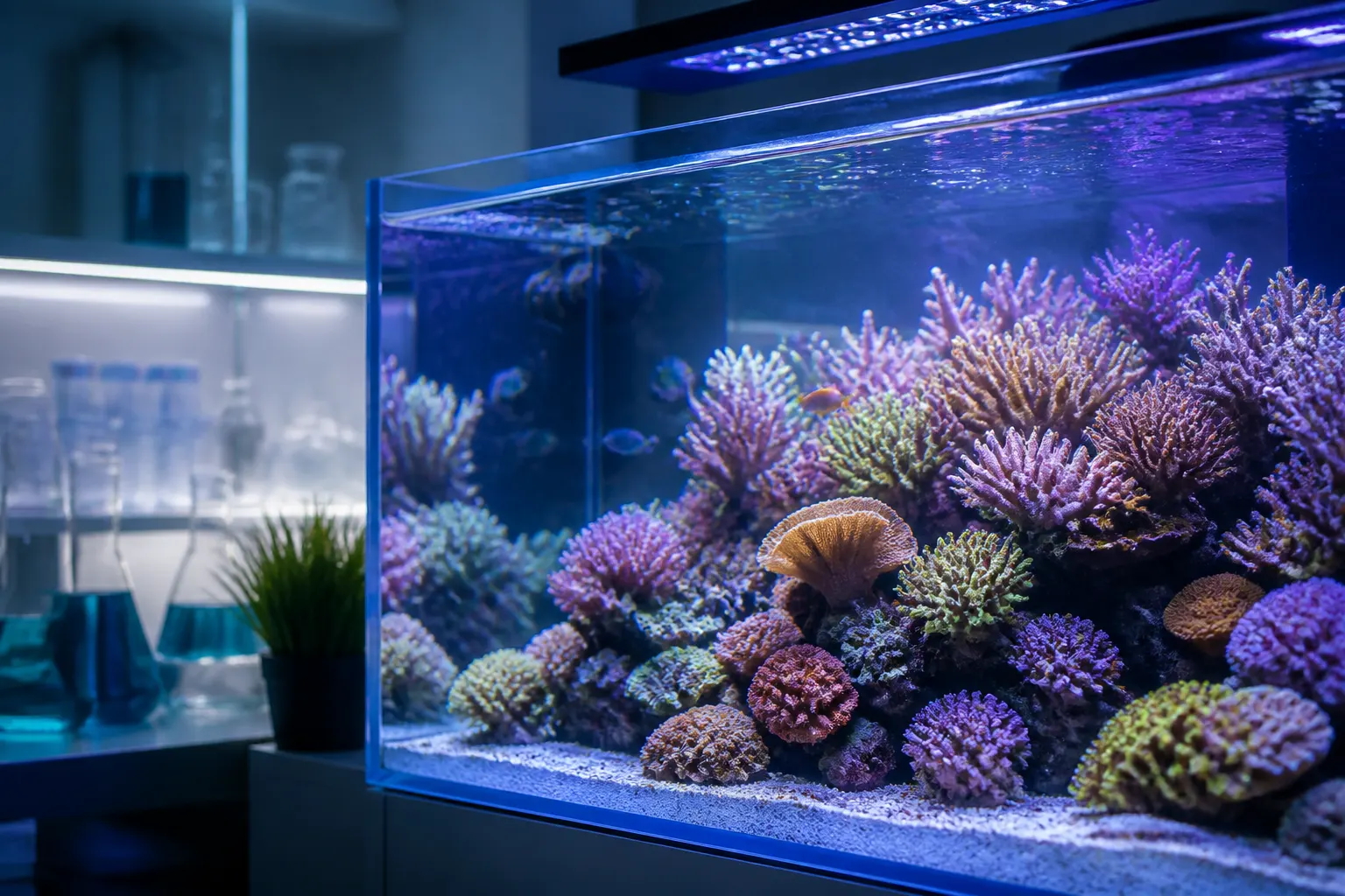 Aquário marinho com corais SPS e LPS saudáveis ilustrando a importância do teste ICP para diagnóstico completo do reef com apoio do ReefFlow
